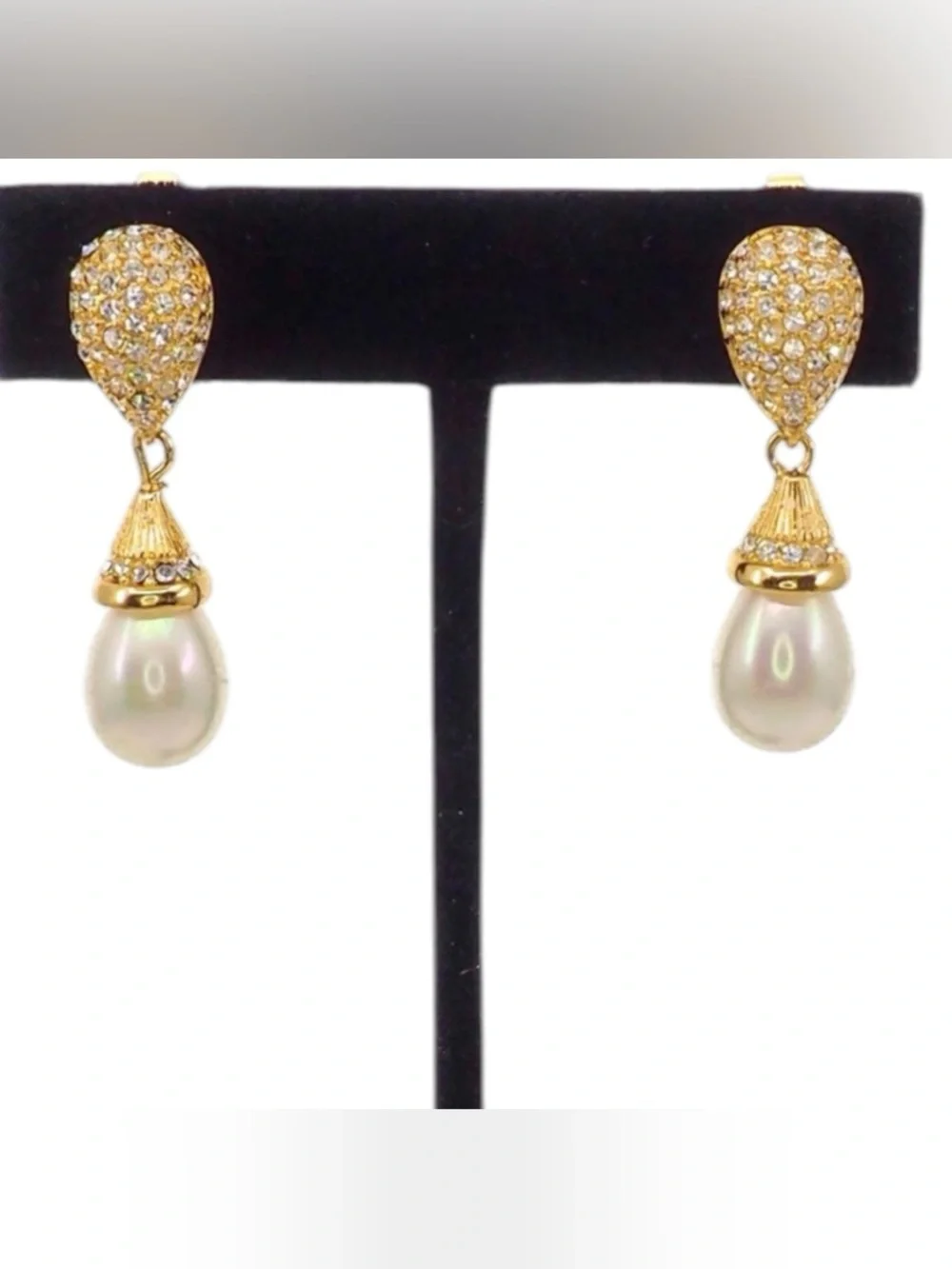 Dior Vintage Gold Crystal Pavé Earrings with White Pearl Drops clip on earrings - Picture 2 of 11